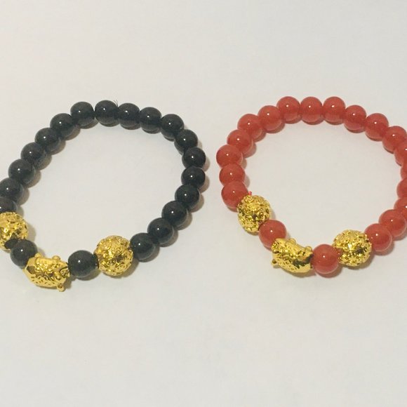 2 Lucky Golden Pig Buddha Bracelets - NEW with Box - Picture 2 of 2